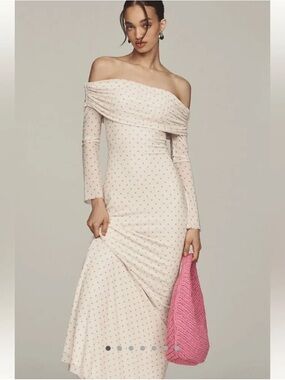 NWT AFRM Anthropologie Off-Shoulder Cream Dress with Pink Dot Print